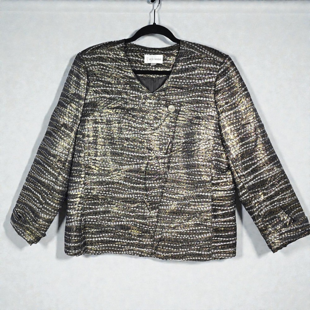 Erin London Blazer Jacket Woman Large Gold Metallic Career Artsy Textured Lined